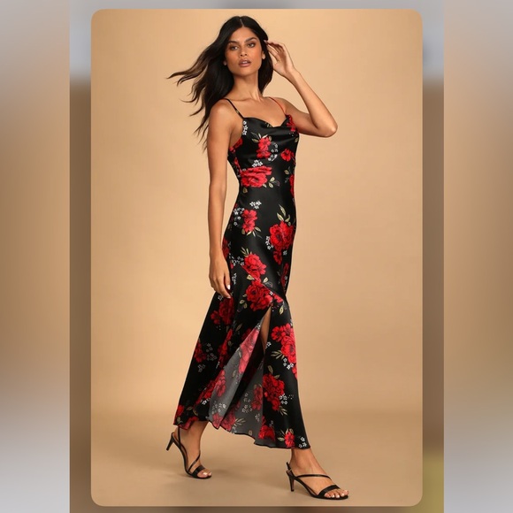 Extra Sultry Black Floral Print Satin Cowl Neck Maxi Dress - Picture 6 of 7